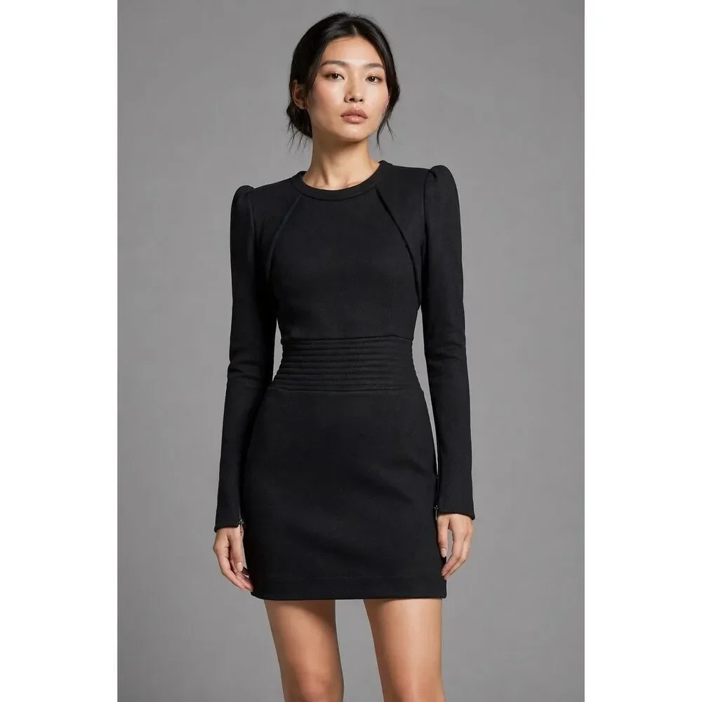 Kova & T size 2 Black Structured Puff Sleeve Mini Dress Bodycon Designer (102)